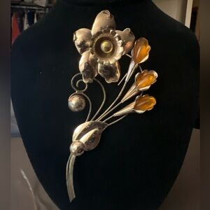Truart Vintage Sterling Silver‎ Rose Gold Plated Amber Floral Pin Brooch
